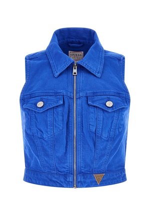 Blå ærmeløs denimvest med frontlynlås, to brystlommer med klap og sølvknapper, krave og Guess-logo patch nederst.