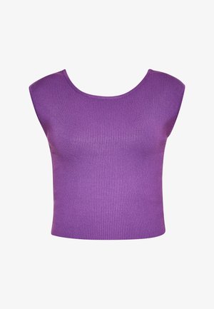 Lila bordázott cropped top, kerek nyakkivágással és széles vállpántokkal. Puha, textúrált anyagból készült, amely réteges öltözködéshez ideális.