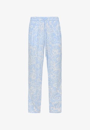 Helle blaue Schlafanzughose aus weichem Stoff, mit einem weißen Blumenmuster, elastischem Bund und Kordelzugdetails.