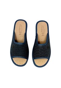 Infradito blu navy con tomaia in rete intrecciata, soletta perforata e rivestimento in pelle marrone; presenta un accento del logo circolare.