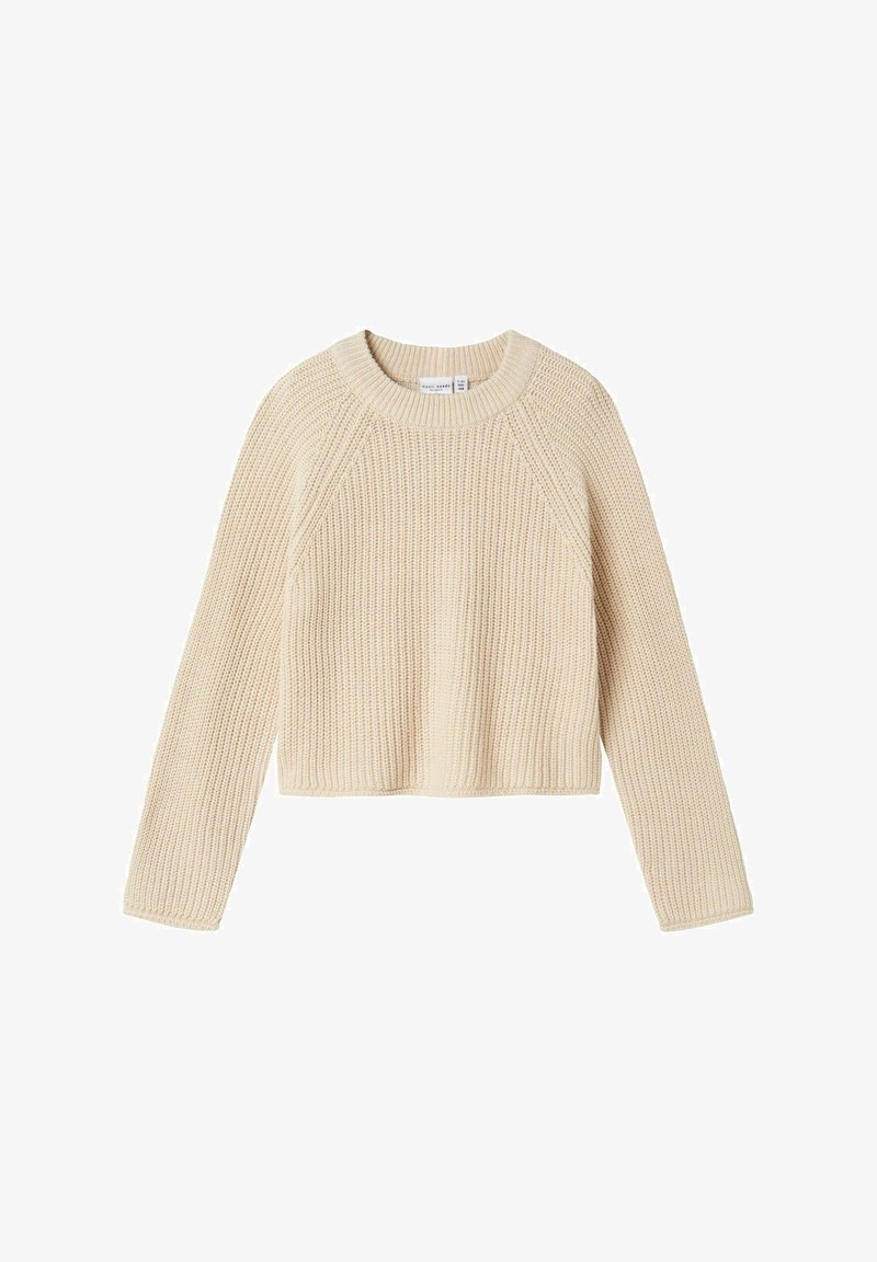 Pull beige en maille à manches longues avec col rond et texture côtelée, présenté à plat sur un fond blanc.