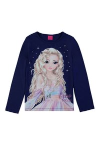 Maglietta a maniche lunghe blu navy con un personaggio stampato con capelli biondi e un vestito pastello, decorata con stelle decorative e strass.