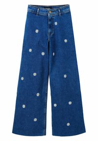 Wide-leg denim trousers in a blue wash with white daisy embroidery. Features a button closure and belt loops. Textured fabric with a casual design.