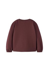 Dlouhý rukáv bordó mikina s elastickými manžetami, kulatým výstřihem a hladkým zadním dílem na bílém pozadí.