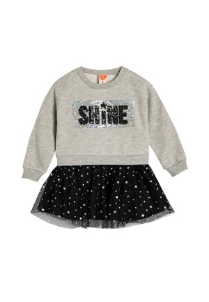 Felpa grigia con una grafica in paillettes "SHINE"; gonna nera decorata con motivi di stelle colorate e finitura in tulle a strati.