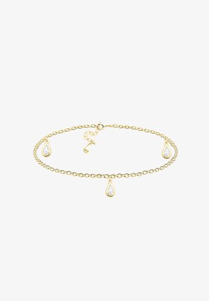 Gold bracelet with a chain design featuring three teardrop-shaped clear gemstones. Adjustable clasp with a small logo tag.
