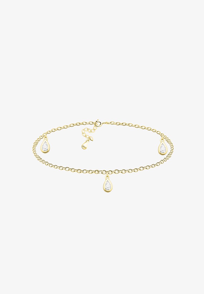 Złota bransoletka z designem łańcucha, ozdobiona trzema kryształowymi kamieniami w kształcie kropli. Regulowane zapięcie z małą metką z logo.