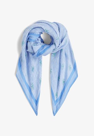 Sinine ja valge triibuline salli, valmistatud kergest kangast, millel on rohelised tikandid ja kontrastne sinine ääris.