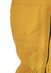 Gelbe Skihandschuhe mit strukturiertem Stoff, elastischem Handgelenk und Reißverschluss. Markennamen "reusch" auf dem Material geprägt.