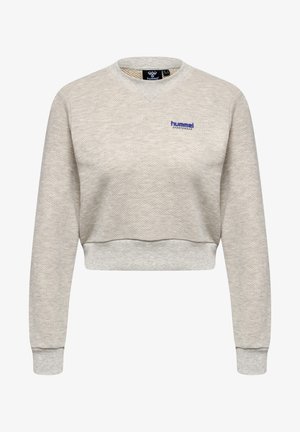 Light grey cropped sweatshirt with long sleeves, textured fabric, ribbed cuffs, and a small blue logo on the front.