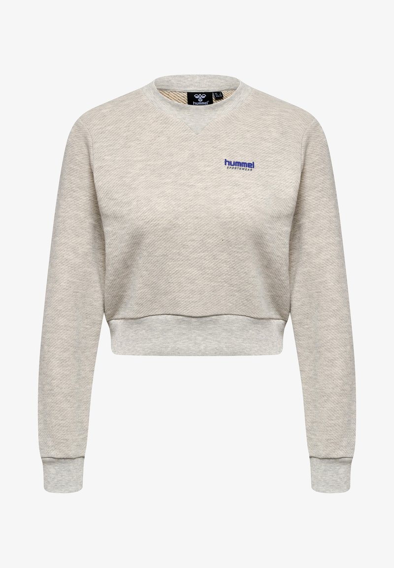 Lichtgrijze cropped sweatshirt met lange mouwen, gewatteerde stof, geribbelde manchetten en een klein blauw logo aan de voorkant.