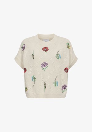 Maglione a maniche corte color crema in maglia con motivo a diamante e fiori multicolori ricamati sparsi sul davanti e sulle maniche.