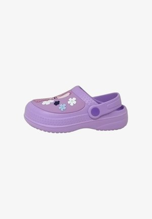 Zoccolo viola per bambini con cinturino regolabile sul tallone e accenti decorativi multicolore a forma di fiore sulla parte superiore.
