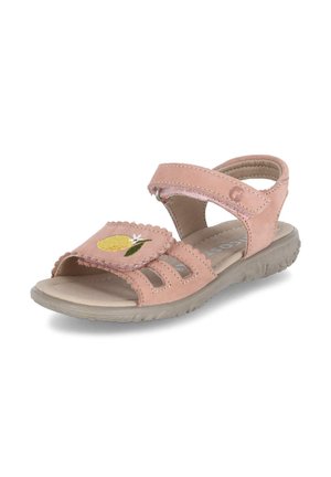 Pinkfarbene Kindersandale mit offenen Zehen, verstellbaren Riemen und besticktem gelben Zitronendetail am vorderen Riemen, gepolsterter Sohle und strukturiertem Außenprofil.