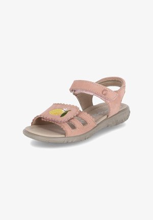 Pinkfarbene Kindersandale mit offenen Zehen, verstellbaren Riemen und besticktem gelben Zitronendetail am vorderen Riemen, gepolsterter Sohle und strukturiertem Außenprofil.