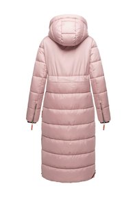 Padded coat in soft pink, featuring a hood, quilted design, long sleeves, and zipper accents on cuffs. Mid-length with a fitted waist.