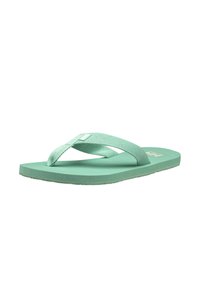 Mintgroene flip-flop met textuurstofbanden en een platte rubberen zool, met een eenvoudig ontwerp zonder zichtbare patronen of accenten.