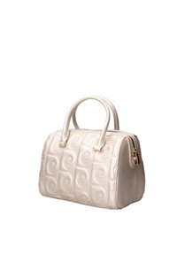 Sac à main beige avec un motif texturé en spirale, deux poignées supérieures et des finitions en or. Forme arrondie avec une fermeture éclair.