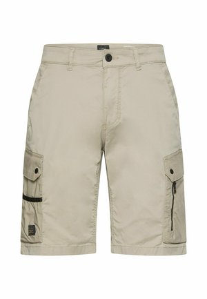 Lichtbeige cargoshorts met knoop aan de voorkant, riemlussen, zijflappenzakken met knopen en een zak met rits aan de rechterkant.