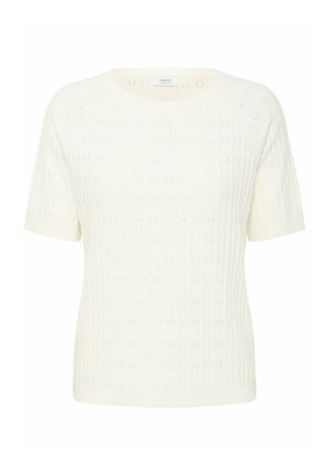 Lühikeste varrukatega kreemjas värvi kudum, millel on soonikstruktuur ja avatud mustriga detailid. Omab ümarat kaelaauku ja sirget serva.