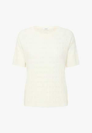 Kratkām piedurknēm, ivoādas krāsas adīts džemperis ar ribu tekstūru un atvērta raksta dizainu. Iekļauts apaļais kakls un taisns apakšmalas dizains.