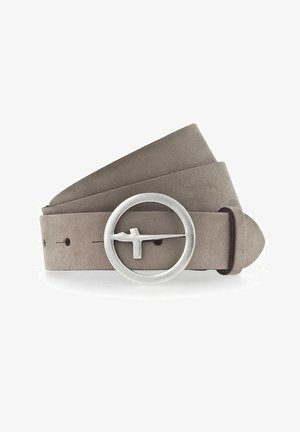Szary zamszowy pasek z szerokim paskiem i okrągłą srebrną klamrą z minimalistycznym wzorem krzyża. Gładka tekstura z matowym wykończeniem.