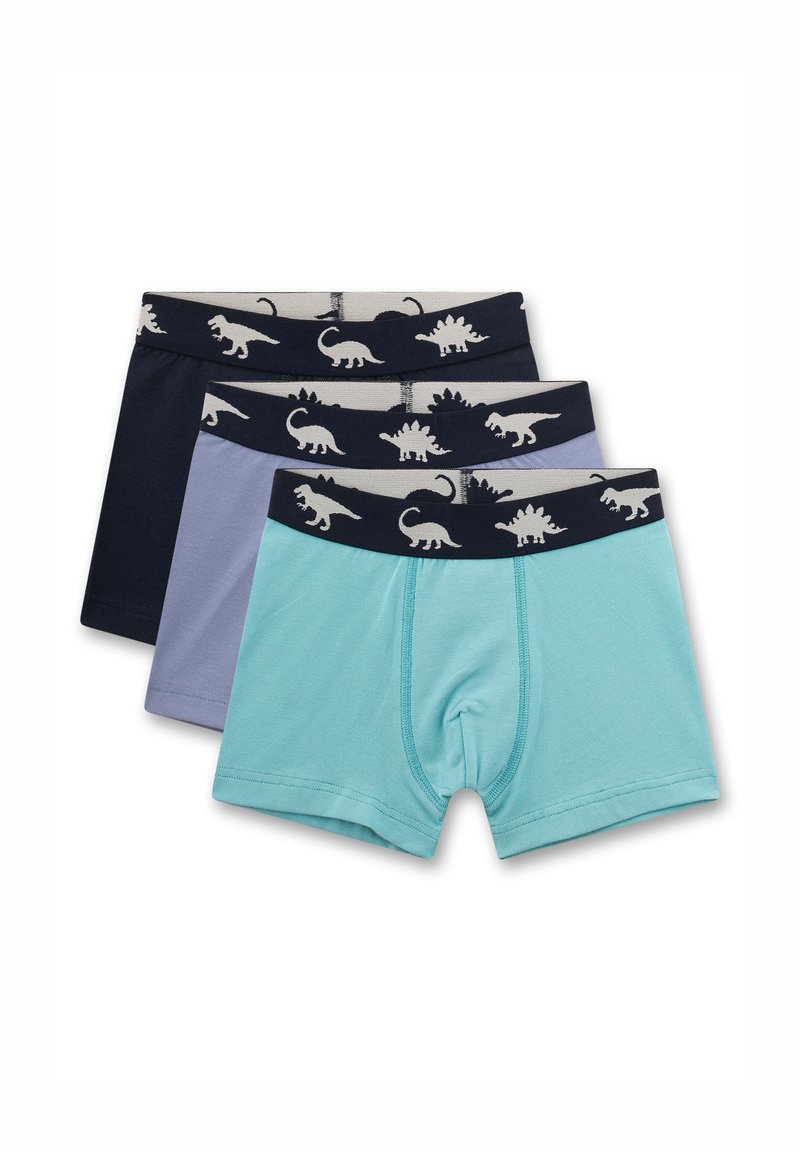 Drei Paar Jungen-Boxerbriefs in Marineblau, Hellblau und Türkis. Jedes Paar hat einen gemusterten Taillenbund mit verschiedenen Dinosauriern.