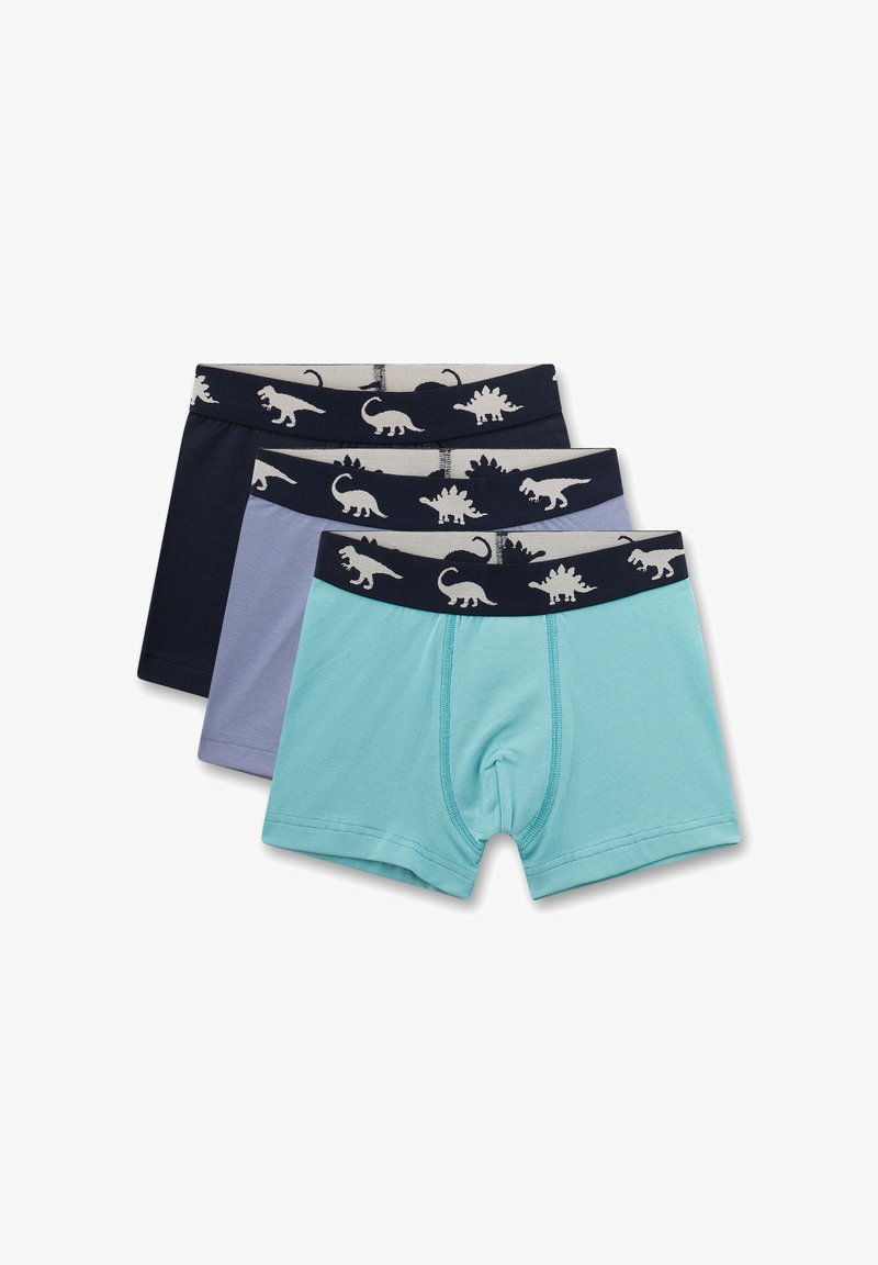 Drei Paar Jungen-Boxerbriefs in Marineblau, Hellblau und Türkis. Jedes Paar hat einen gemusterten Taillenbund mit verschiedenen Dinosauriern.