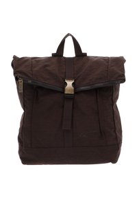 Brauner Nylon-Rucksack mit umklappbarem Deckel, Reißverschluss und bronzefarbenen Hardware. Verfügt über verstellbare Träger und ein dezentes Logo auf der Vorderseite.