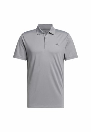 Szary polo z gładkiej tkaniny, z trzema guzikami, krótkimi rękawami oraz subtelnym akcentem w postaci logo Adidas na piersi.