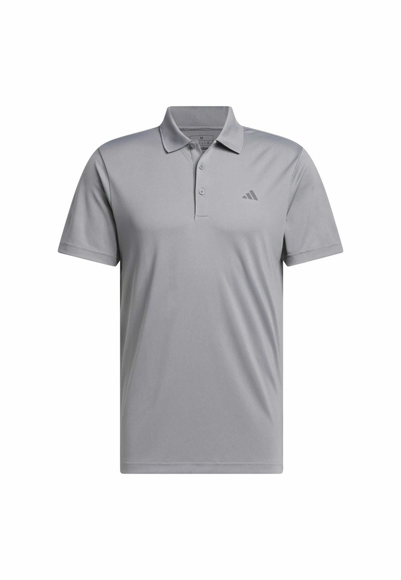 Polo gris en tissu lisse, avec une patte de boutonnage à trois boutons, des manches courtes et un accent subtil du logo Adidas sur la poitrine.