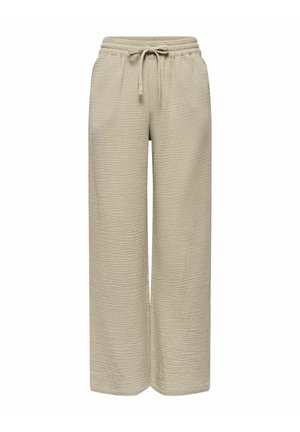 Beige wijde broek met een gestructureerde stof en een elastische tailleband met een voorste aantrekkoord.