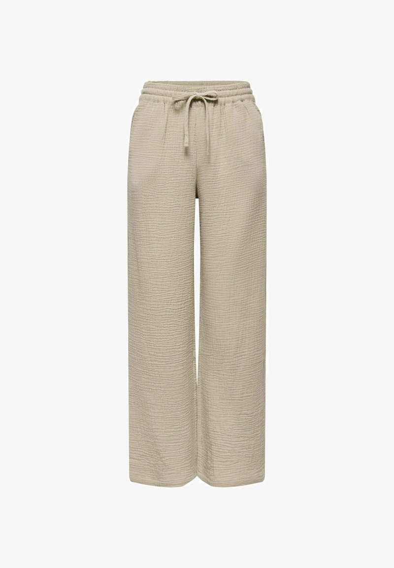 Beige wijde broek met een gestructureerde stof en een elastische tailleband met een voorste aantrekkoord.