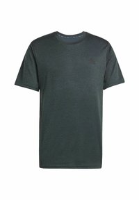 Donkergroene korte mouwen t-shirt van lichtgewicht stof. Heeft een ronde halslijn en een subtiele logo op de borst. Soepele textuur.