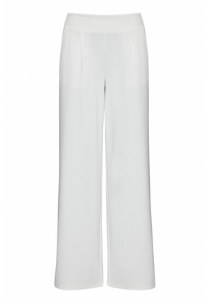 Pantalon large blanc en tissu lisse, avec une taille élastique et des plis sur le devant pour plus de détails.