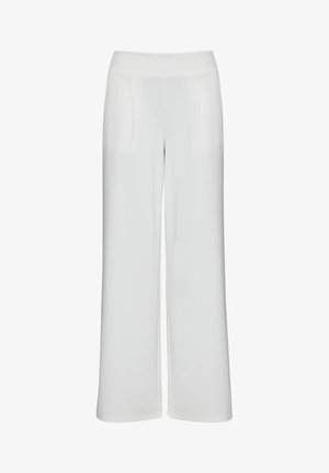 Baltos laisvos kelnės, pagamintos iš lygaus audinio, turinčios tamprų juosmenį ir priekinius raukinis, kad suteiktų papildomo akcento.