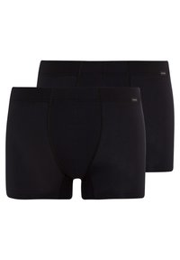 Black boxer shorts made from soft fabric, featuring a comfortable waistband and contrast stitching. Two pairs included.
