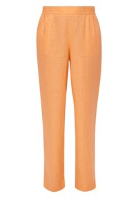 Pantalon droit en lin orange clair avec une taille élastique et un devant épuré sans poches.