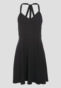 Black sleeveless dress with a fitted bodice and flared skirt. Features crisscross straps with a textured pattern and a V-neckline.