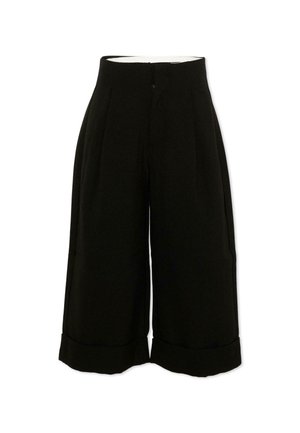 Pantalon culotte noir à jambes larges, taille haute, détails de coutures avant et ourlets revers sur fond blanc.