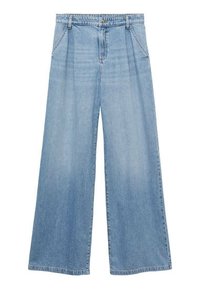 Hellblaue weit geschnittene Jeans aus Denim, mit hoher Taille, dezenten Falten und einem rohen Saumabschluss an den Bündchen.