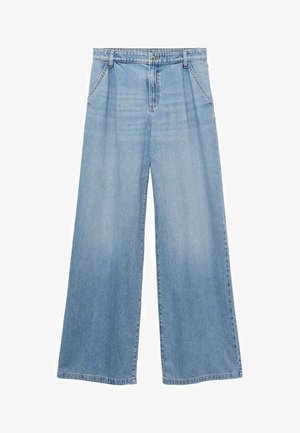 Svetle modré široké džínsy vyrobené z denimu, s vysokým pasem, jemnými záhyby a surovým zakončením na manžetách.
