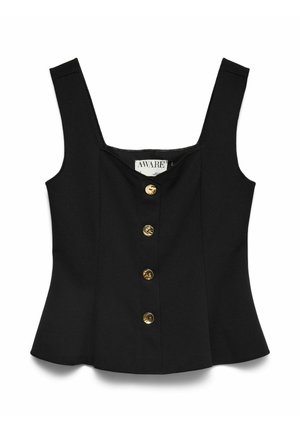 Črna zgornja majica brez rokavov s kvadratnim izrezom in štirimi zlatimi gumbi po sredini sprednje strani, z oznako "AWARE" znotraj ovratnika.