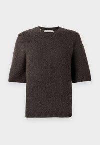 Dark brown knitted pullover with short sleeves, round neckline, and textured fabric. Simple design, no visible fastenings or patterns.