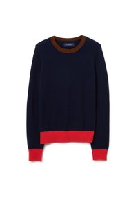 Maglione blu navy realizzato in materiale morbido, con colletto rotondo marrone e bordo e polsini rossi. Design semplice con maniche lunghe.