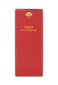 Confezione rossa con un logo giallo e testo che indica "BOTTIGLIA CON TRACOLLA PER BOTTIGLIA." Texture liscia, forma rettangolare.