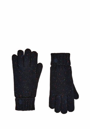 Pair of black knit gloves with multicolored speckles and ribbed cuffs, one glove showing palm, the other showing back.