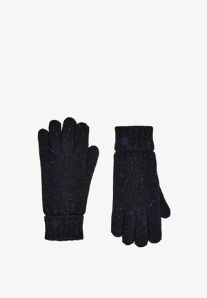 Paar schwarze Strickhandschuhe mit mehrfarbigen Sprenkeln und gerippten Bündchen, ein Handschuh zeigt die Handfläche, der andere die Rückseite.