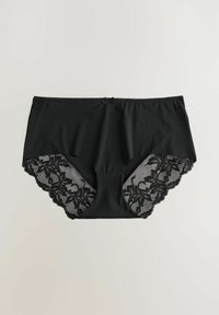 Zwarte katoen slip met decoratieve zwarte linten langs de randen, met een gladde voorkant en een bloemenkantpatroon aan de achterkant.