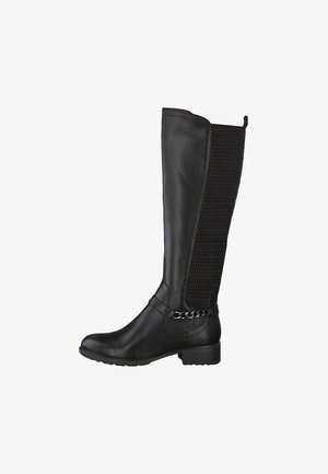 Black knee-high boots featuring a smooth leather front, textured back panel, and chain accent at the ankle, with a low heel.